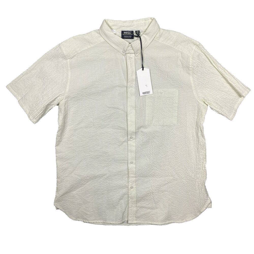 WeSC Oden Shirt Mens XL Womens XXL Stripes Celery Green Seersucker Button Up NWT